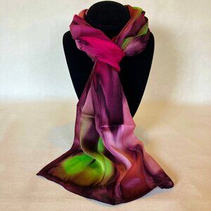 Hand Painted Silk Scarf Bubblegum Hot Pink Lime Green Plum Unique Neck Wrap New